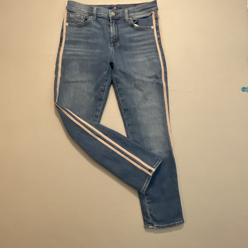 7 For All Mankind  Blue Jeans w/ Pink Stripes Crop Skinny Pockets‎ Women's Sz 28